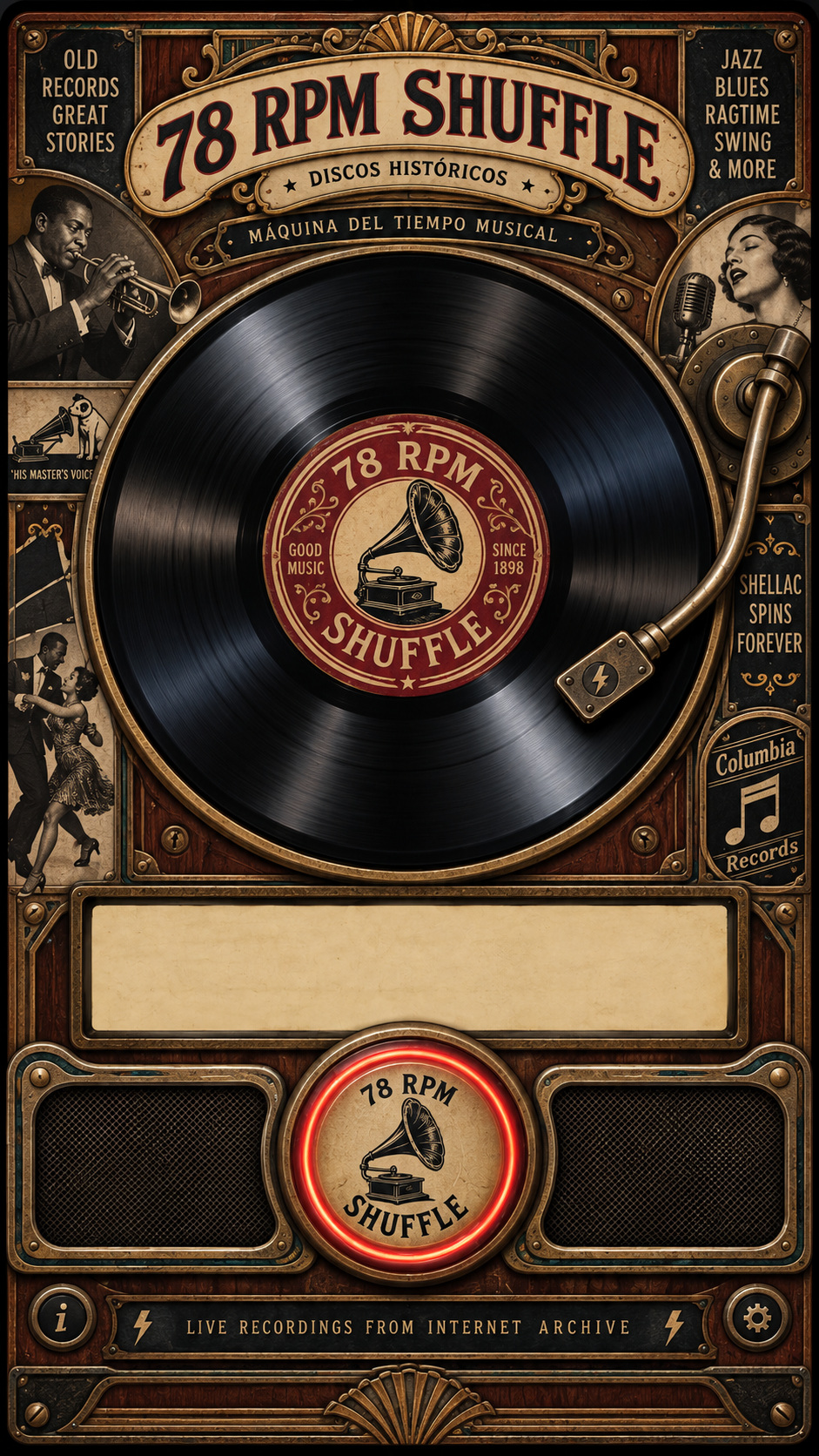 78 RPM Shuffle. Máquina del tiempo musical con un disco histórico y un brazo de gramófono.